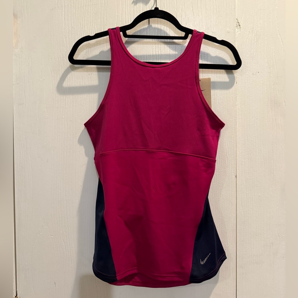 Nike Women's Vibrant Pink and Navy Dri-Fit Yoga Tank Top